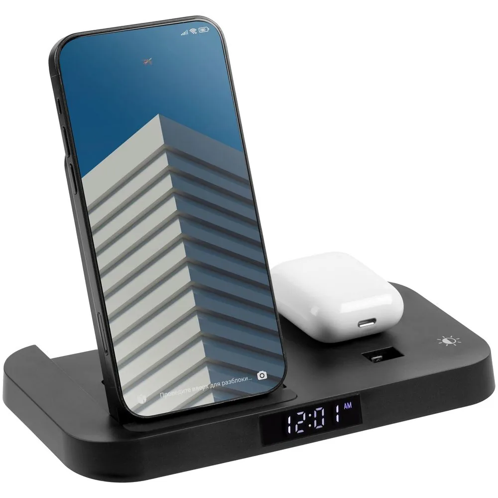 Зарядная станция с часами Clock Nest, черная фото 3