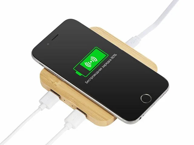 USB-хаб с беспроводной зарядкой из бамбука «Plato», 5 Вт фото 2