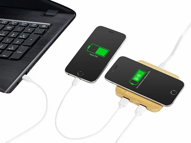 USB-хаб с беспроводной зарядкой из бамбука «Plato», 5 Вт фото 3