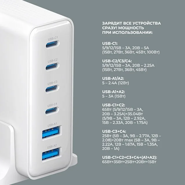 Зарядная станция 4xUSB Type-C, 2xUSB, PD, QC, 160Вт фото 3