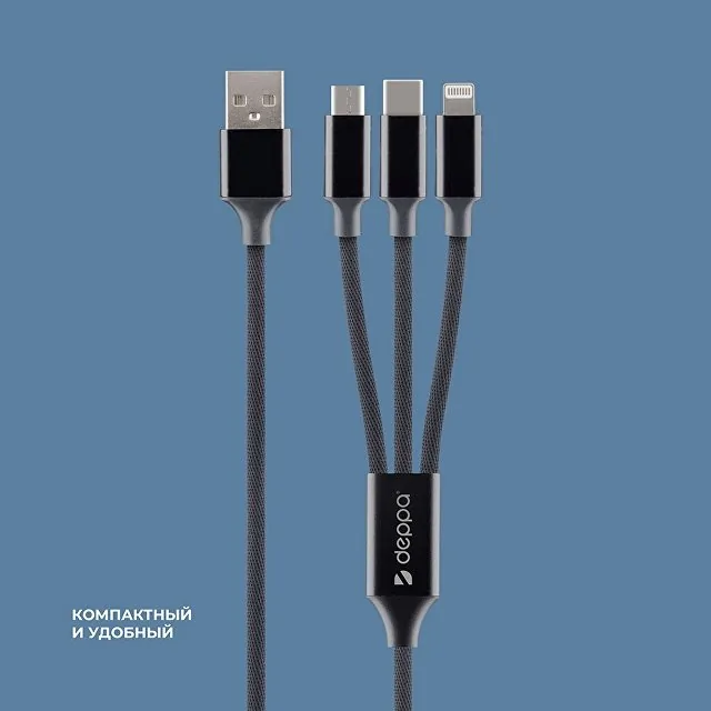 Дата-кабель 3 в 1: micro USB, USB-C, Ligthning, алюминий, 1.2м фото 4