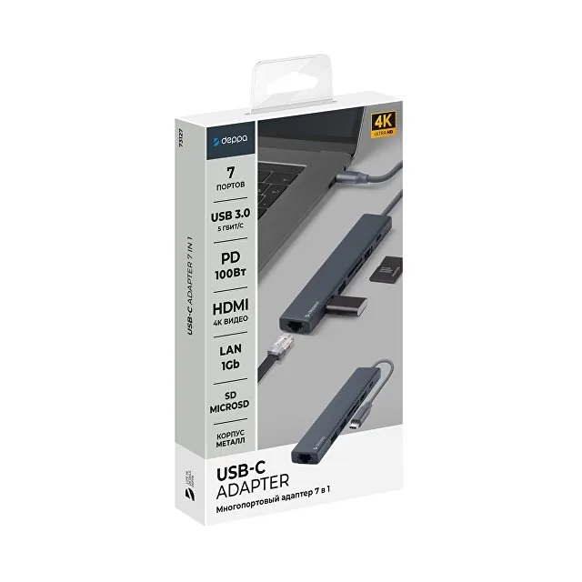 USB Type-C хаб 7-в-1, HDMI, Power Delivery, 2xUSB 3.0, RJ45, microSD/SD фото 5