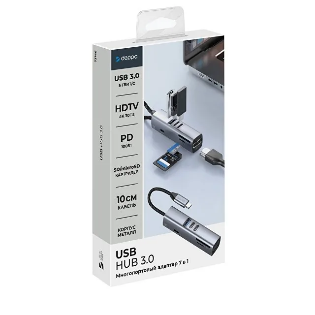 USB-хаб 7 в 1 USB-C - USB-A3.0 + 2хUSB-C + USB-C PD100Вт + HDMI + SD + microSD фото 5