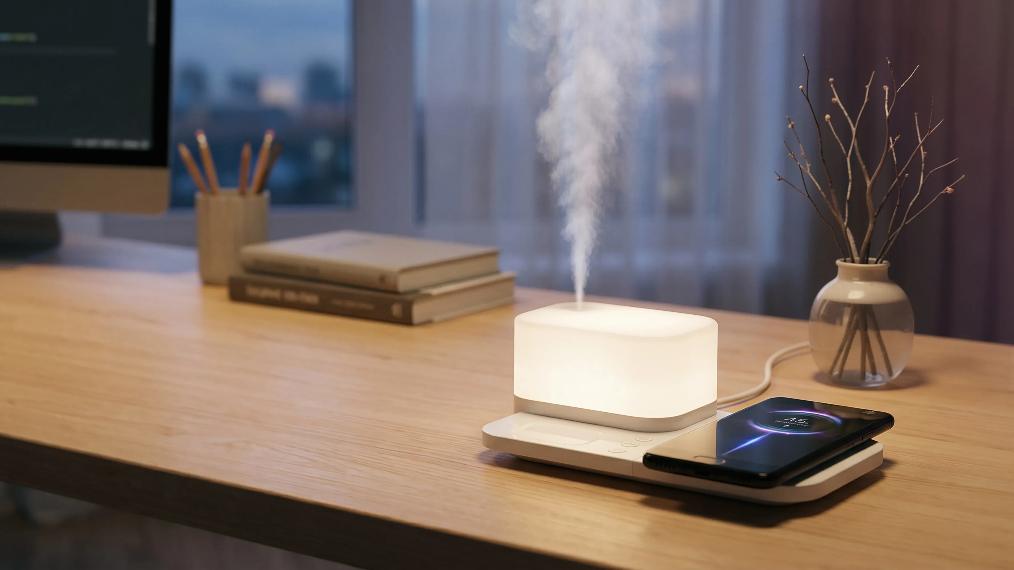 Настольная беспроводная (15W) зарядная станция "Smart Base" с увлажнителем и лампой фото 3