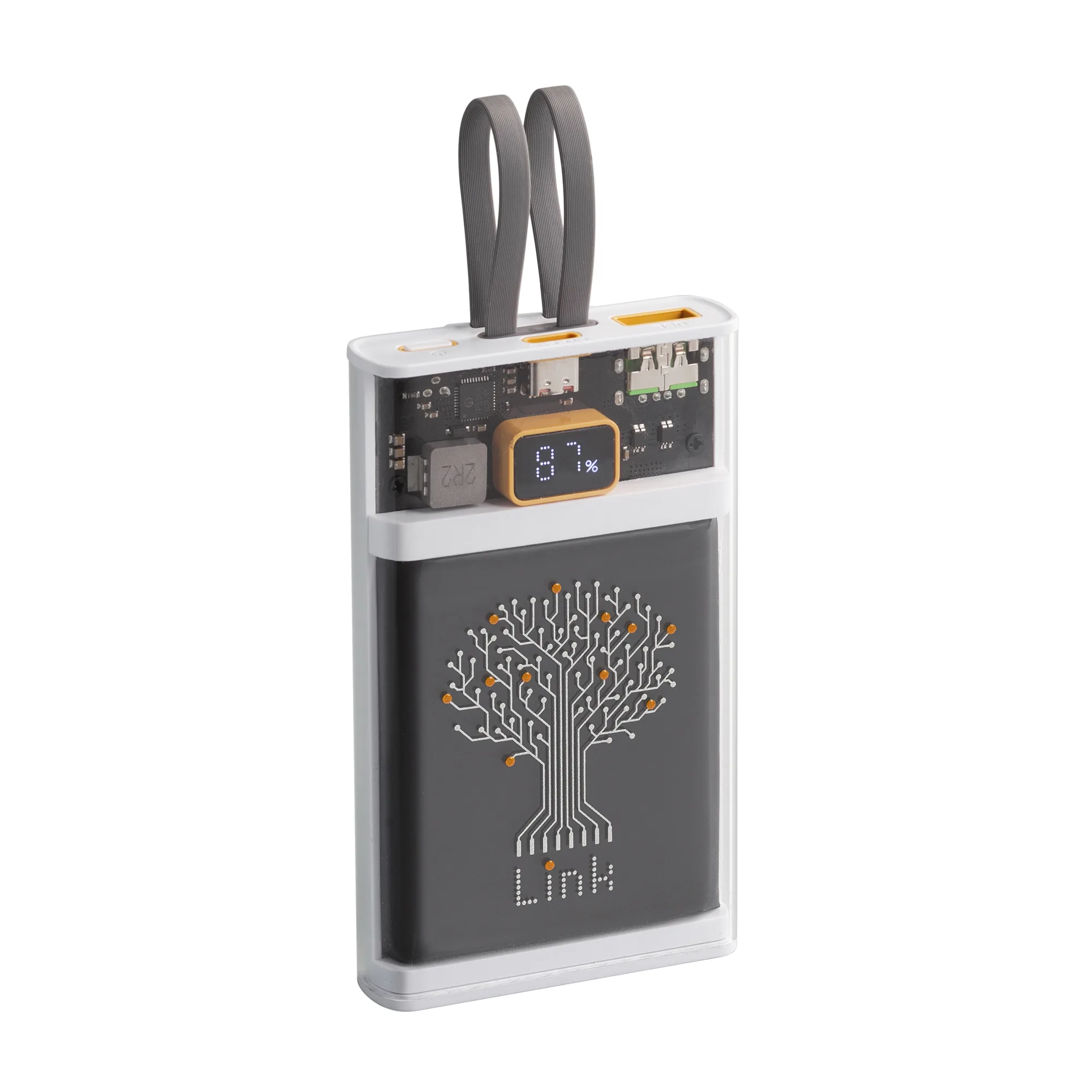 Зарядное (22.5W) устройство "Link" 10000 mAh с прозрачным корпусом, цифровым индикатором заряда и встроенными Type-C/Lightning кабелями фото 5
