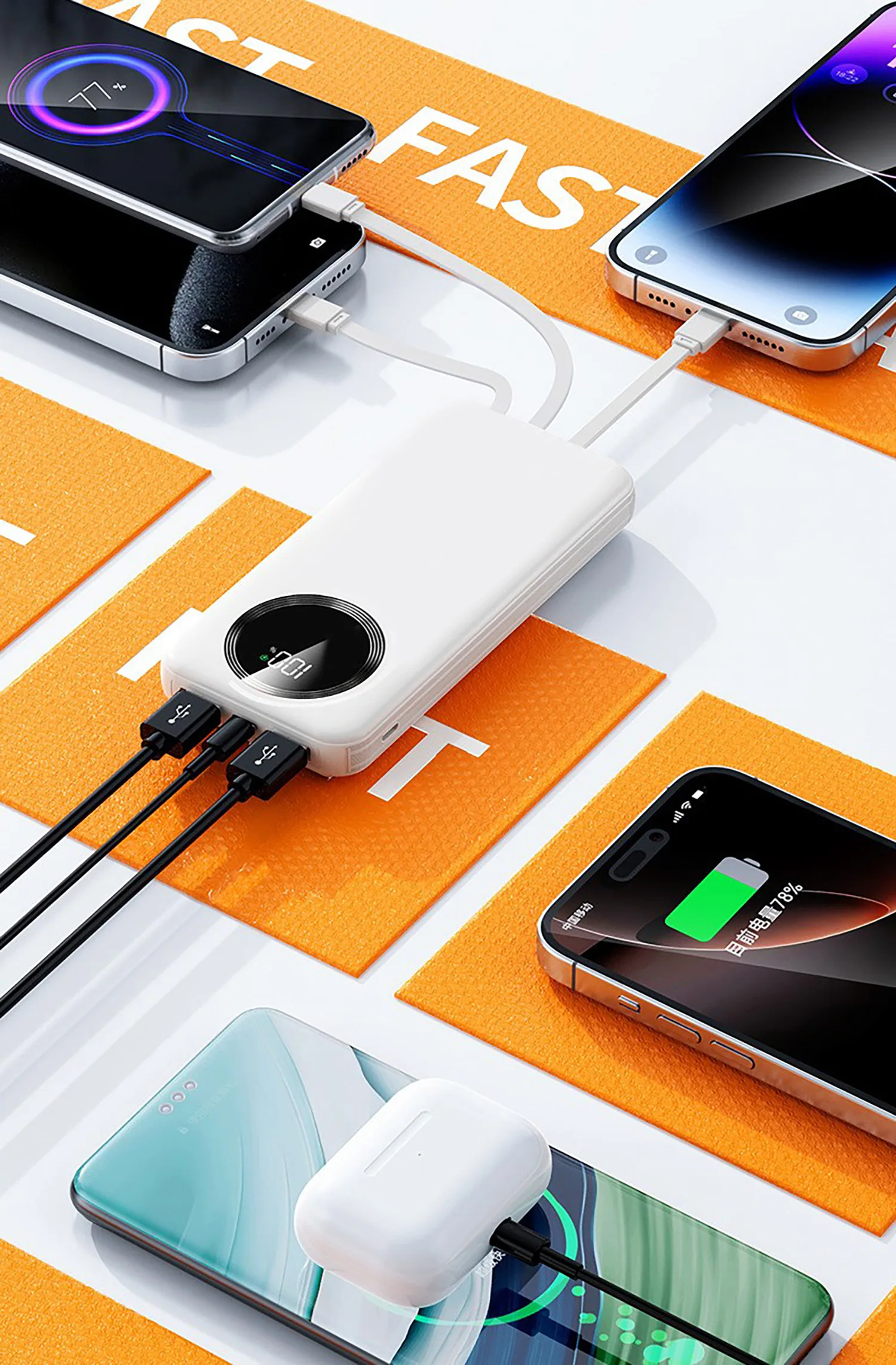 Зарядное устройство "Phantom" 10000 mAh с 4мя встроенными кабелями и цифровым индикатором заряда фото 5