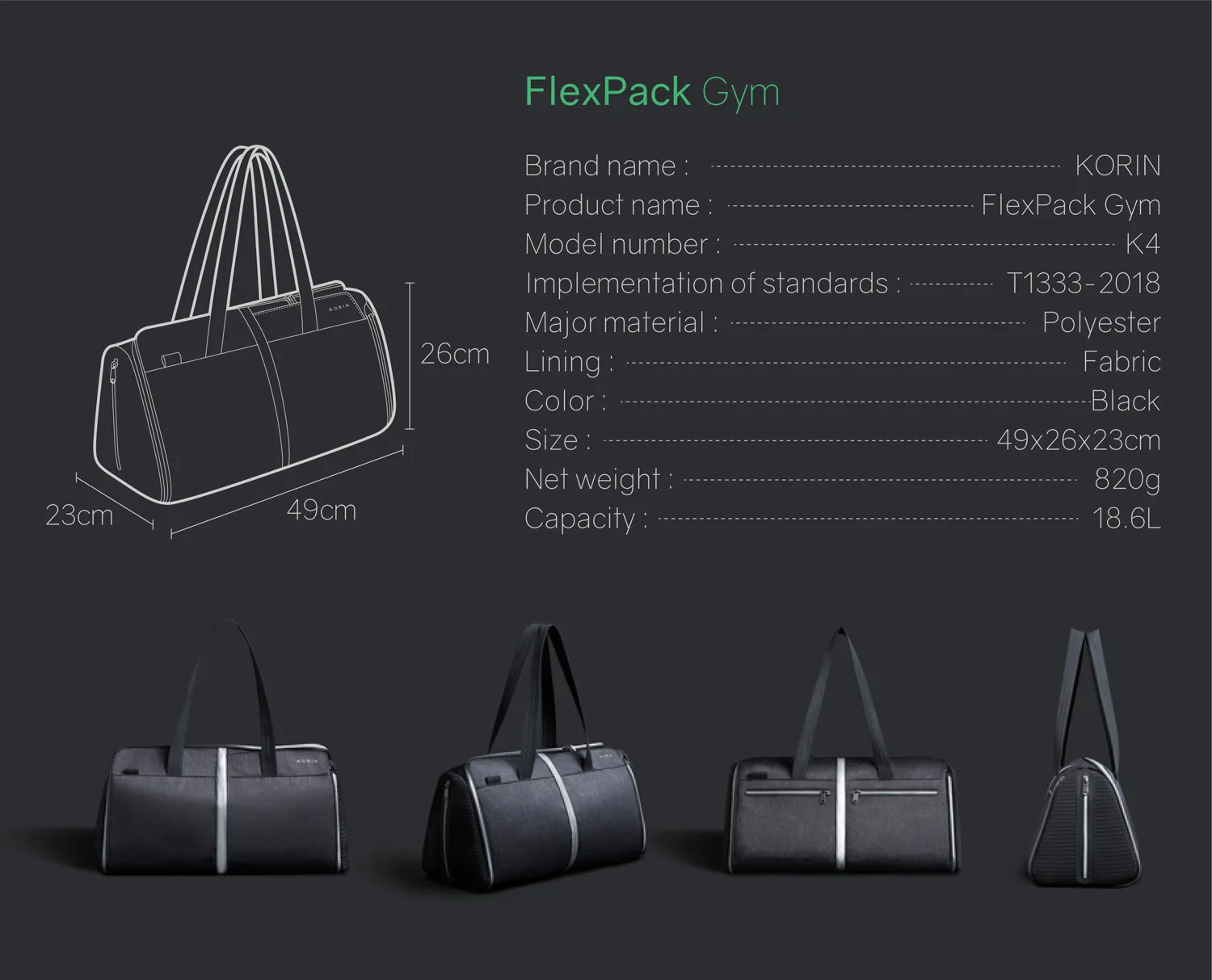 Спортивная KORIN сумка FlexPack Gym 49х26х23 см, темно-серая фото 28